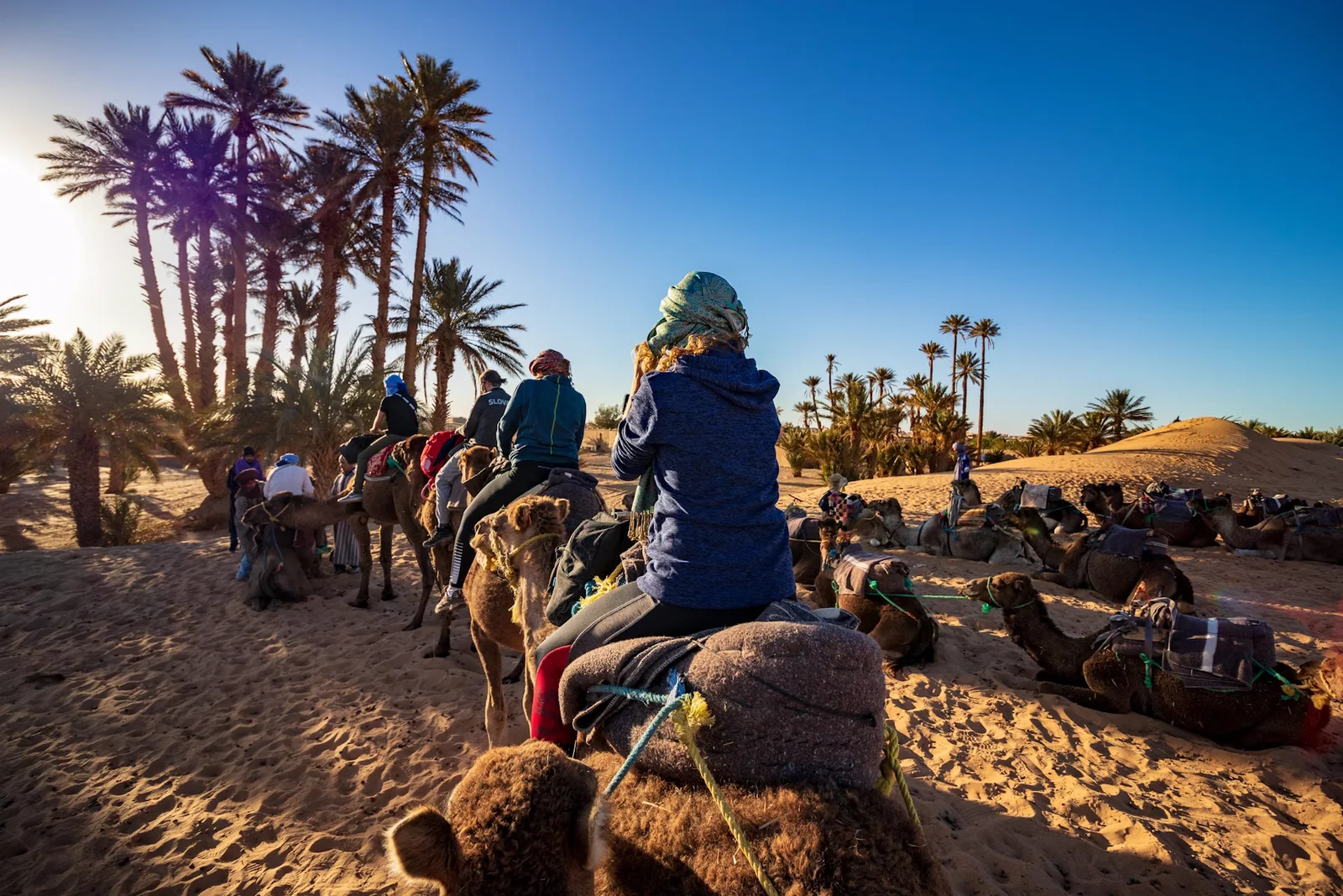 Family camel ride at sunset in a Moroccan palm grove — typical day trip a rental SUV makes possible