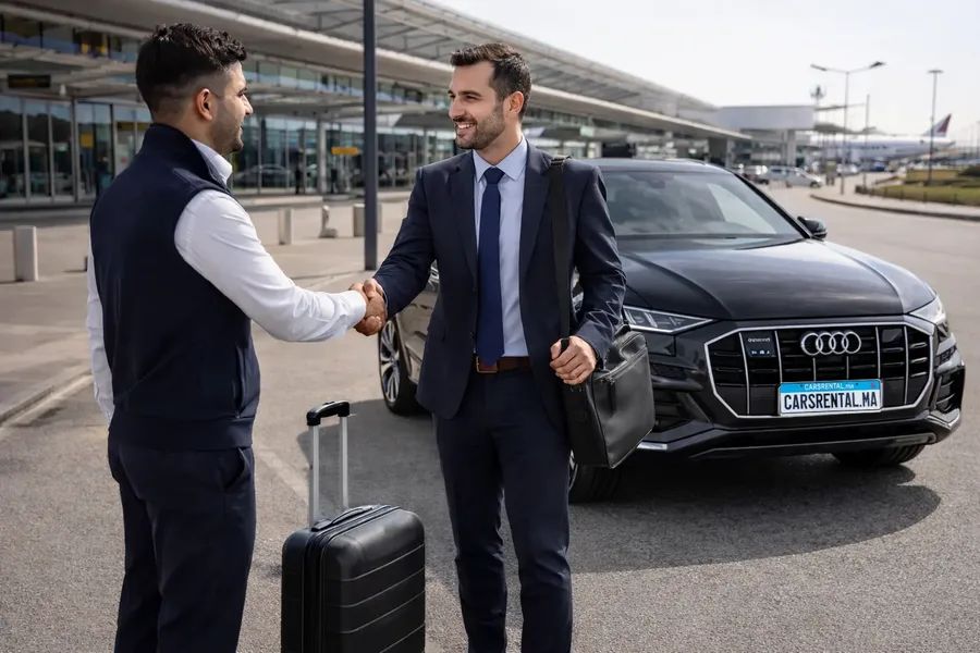 Viajero de negocios recibiendo las llaves de un coche de alquiler en el aeropuerto de Marruecos